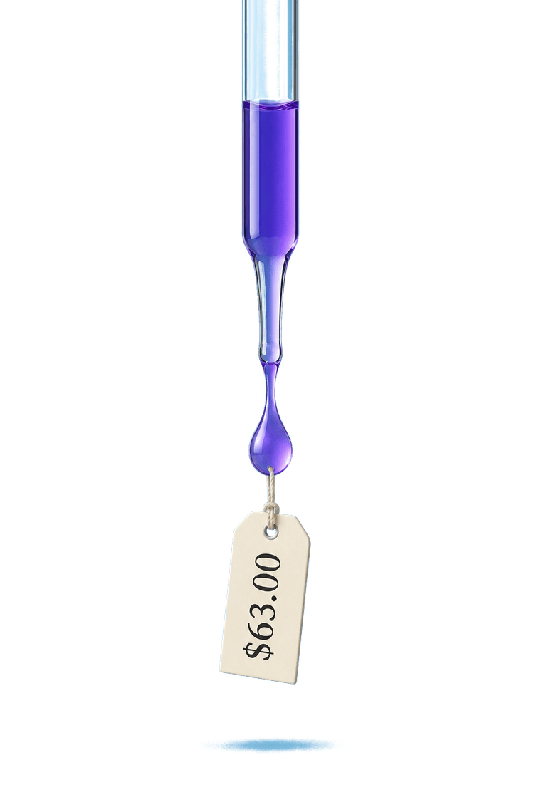 A laboratory pipette dispensing a violet drop that forms a price tag reading $63.00